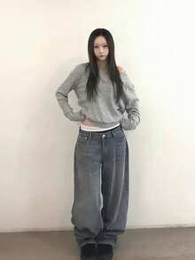 Women's Autumn V-Neck Casual Loose Pullover Top With Button Cuffs - Grey - View 9