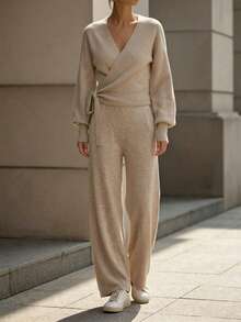 Women's Solid Color Drop Shoulder Long Sleeve Wrap Knit Cardigan & Knit Wide Leg Pants Set, Casual Autumn/Winter Loungewear, Front Tie Design - Khaki - View 5