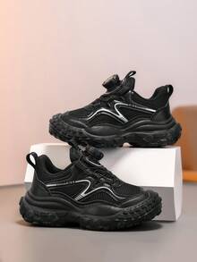 Children's Outdoor Hiking Shoes, No-Tie Lace-Free, Mesh Breathable, Anti-Collision Toe, Durable Wear-Resistant Chunky Sneakers For Boys And Girls, Suitable For Spring And Autumn - Black - View 1