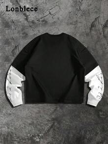 美式街頭風 2 合 1 短袖長袖 T 恤 男款復古哥德字母印花拼色拼接個性上衣 - 彩色 - 查看 2