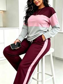 Spring Autumn Winter New Fashion Colorblock Patchwork Round Neck Long Sleeve T-Shirt And Pants 2 Pieces Set - Burgundy - View 1