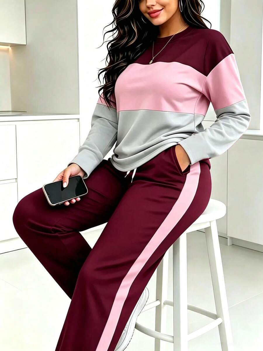 Spring Autumn Winter New Fashion Colorblock Patchwork Round Neck Long Sleeve T-Shirt And Pants 2 Pieces Set - Burgundy - View 1