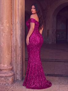 Plus Size Elegant Cold Shoulder Long Dress, Sequin Mermaid High Slit Fitted Cut, Suitable For Photography, Beach Vacation, Resort And Ball - Hot Pink - View 2