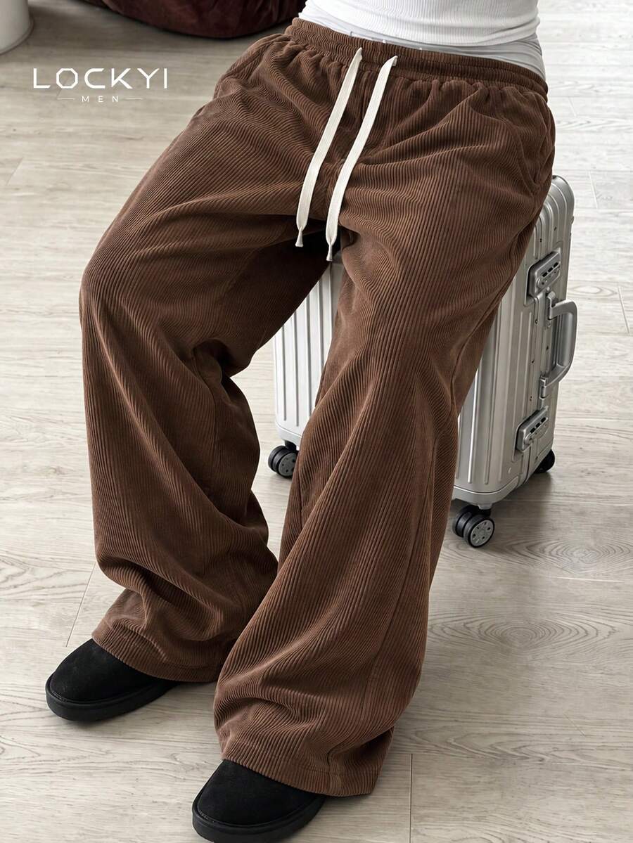 Men's Drawstring Waist Casual Loose Wide Leg Draped Versatile Long Pants - Brown - View 1