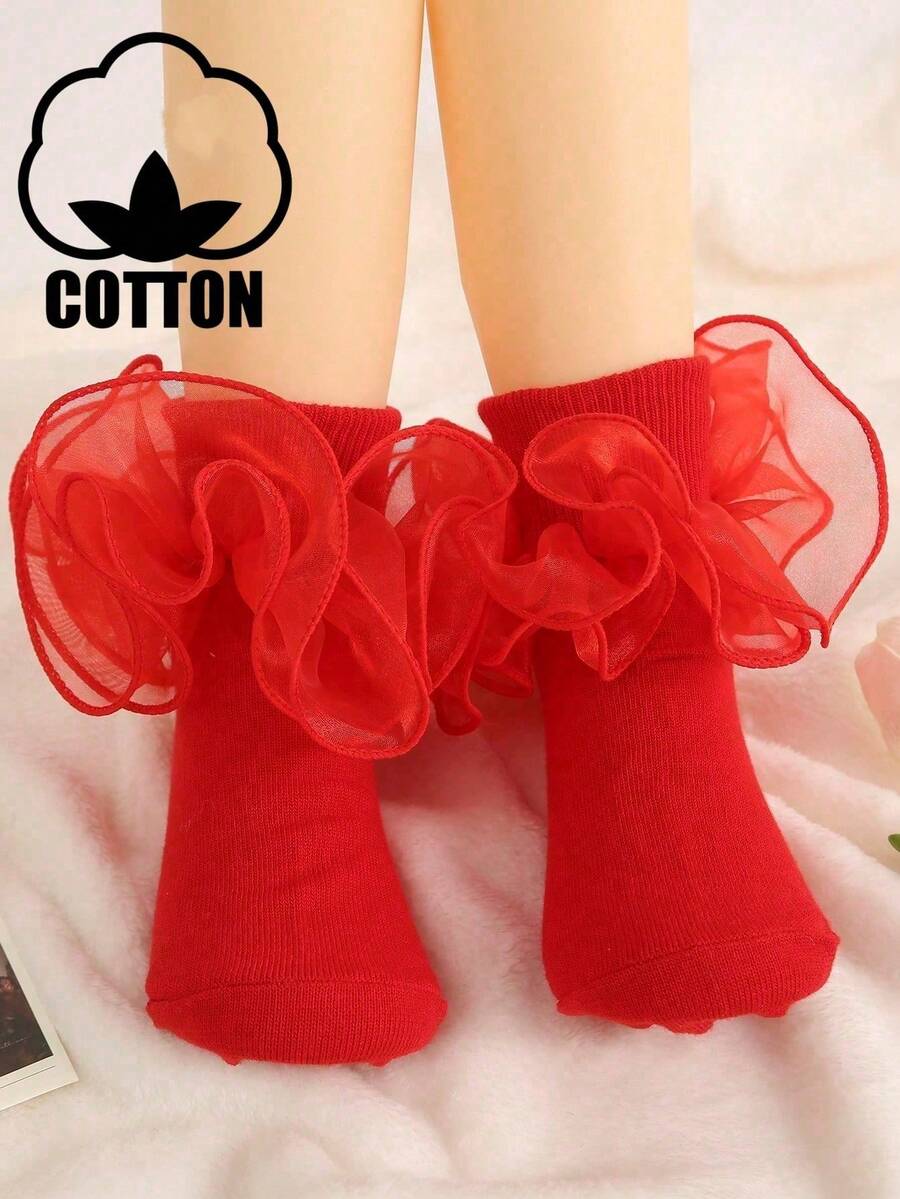 1 Pair Cotton All-Season Children Middle/Small Kids Solid Color Lace Ruffle Ankle Socks, Dancewear Princess Baby Socks