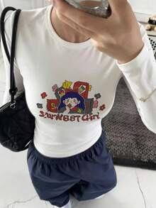 女款圓領長袖T恤，春秋新款卡通圖案與字母印花，時尚休閒百搭修身短版上衣，白色 - 白色 - 查看 9