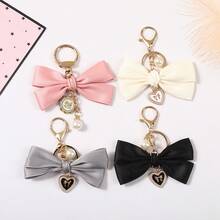 1Pc Satin Bow Keychain, Pearl Heart Alloy Bag Charm, Backpack Pendant, Women Accessory, Birthday & Holiday Gift - Multicolor - View 1