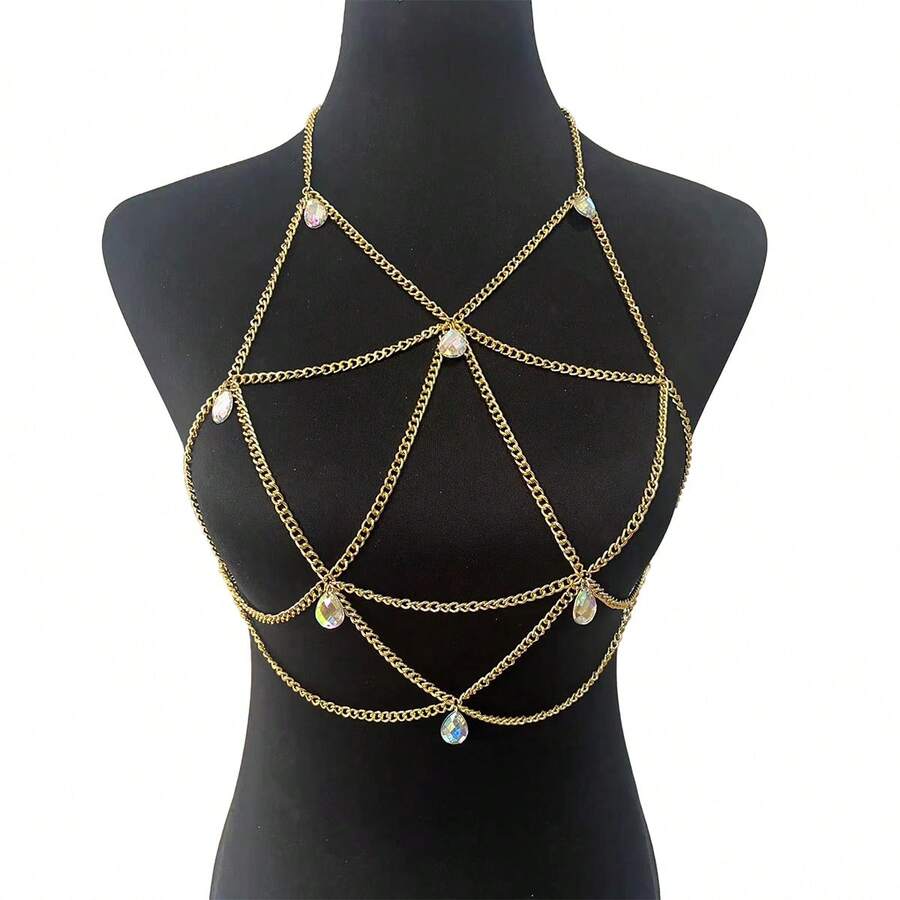 1pc Influencer Style Luxury Cross Metal Chest Chain, Thin Layered Design, Sexy Party Atmosphere Accessory Body Chain - Multicolor - View 1