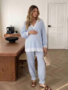 Bump Style Maternity 2 Pieces Blue Striped Pajama Set: Lace Trim Elastic Belly Area Long Sleeve, Suitable For Sleep And Home Leisure - Blue - View 5