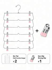 2/3pcs Multi-Functional Metal Travel Hangers With Clips, White Clips, Skirt And Pants Hangers, With Clips, Skirt Rack, Space-Saving, Multi-Layer Metal Pants Rack, Can Store Multiple Underwear, Shorts And Skirts, Space-Saving. - Silver - View 14