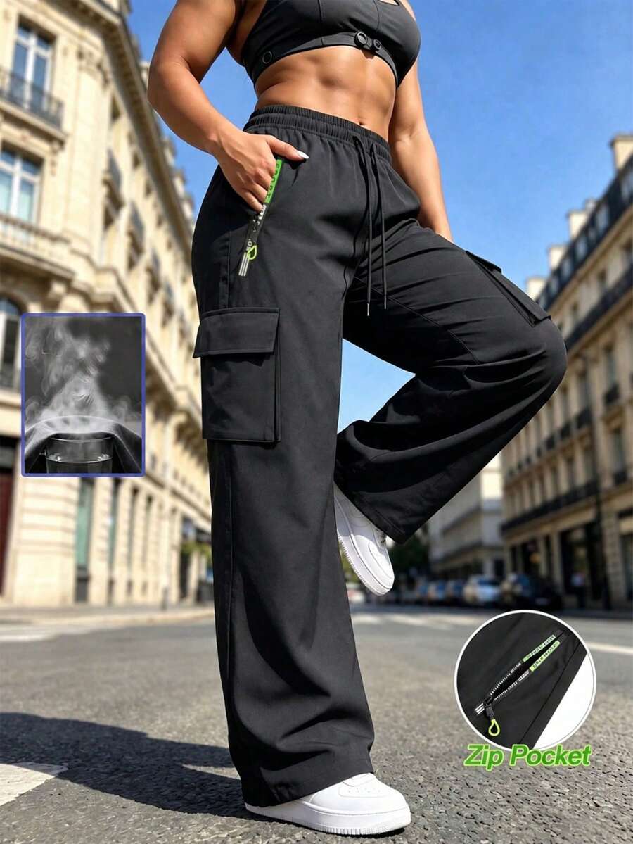 Women's Spring/Autumn Solid Color Multi-Pocket Cargo Pants, Straight Leg Zipper Outdoor Sports Long Pants Black - Black - View 1