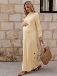 Apricot Maternity Maxi Dress - Non-Stretch Long Sleeve With Small Stand Collar And Side Button Design, Suitable For Baby Baptism, Photoshoot And Daily Wear - Apricot - View 3