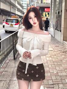 Autumn/Winter Off-Shoulder Cute Sweet Sexy Fuzzy Drawstring Silk Bow Long Sleeve Base Layer Sweater, Suitable For Outings, Shopping, Dates, Christmas, New Year - Pale Apricot Color - View 2