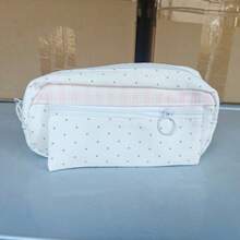 Ins Style Pink & White Polka Dot Plaid Pencil Case, Korean Style Large Capacity Multi-Layer Compartment Stationery Storage Bag, Cute Minimalist Student Pencil Pouch For Back To School - Multicolor - View 8