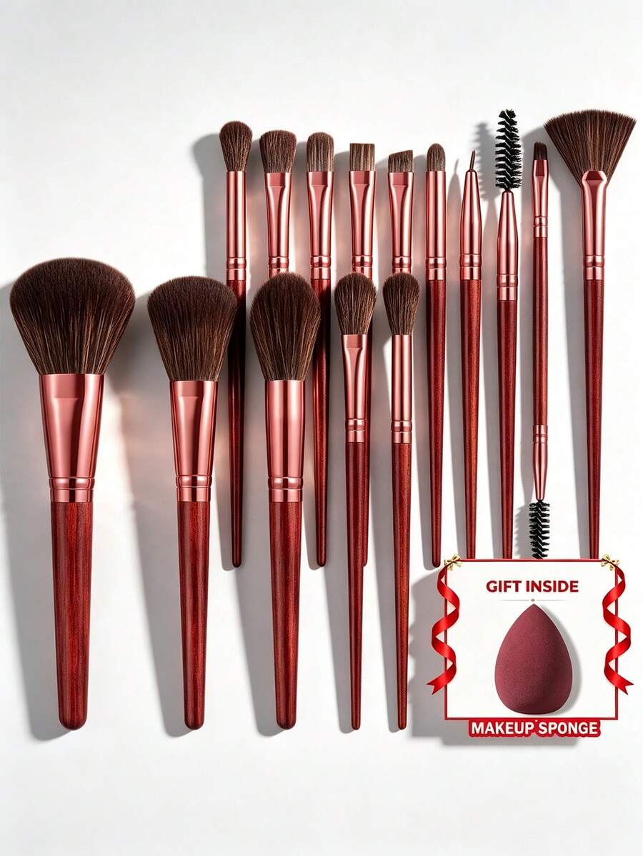 15pcs And 1pc Gift Makeup Brushes Set, Soft Dense Cosmetic Brushes For Foundation Powder Blush Eyeshadow Concealer Contour Highlight, Complete Face & Eye Makeup Brush Kit, Handles For Makeup Beginners And Daily & Party Makeup Application - Multicolor - View 1