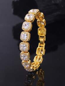 1pc 12mm Wide Zinc Alloy Rhinestone Square Cuban Link Bracelet, Unisex Heavy Thick Side Chain, Men's Jewelry, Gift For Men, Hip Hop Street Style, Suitable For Daily Wear, Stage Performance, Party And Birthday Gift - A - View 2