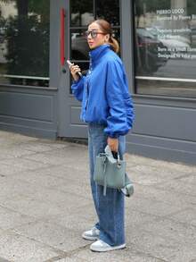 Solstice Apparel Klein Blue Stand Collar Jacket, Asymmetric Metal Button Ruched Balloon Sleeve Coat - Blue - View 9