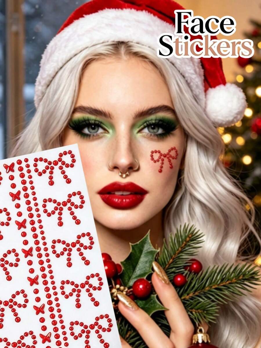 1pc Christmas New Red 3D Rhinestone Bowknot Face Sticker, Suitable For Christmas, New Year, Concert Makeup Decoration, Y2K Christmas DIY With Self-Adhesive Backing - Red - View 1