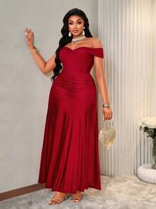 BIUBIU Formal Plus Size Red Off Shoulder Bodycon Prom Dress, Elegant Knitted Flared Long Gown With Ruched Twist Details For Women's Parties & Evening Events - Burgundy - View 7