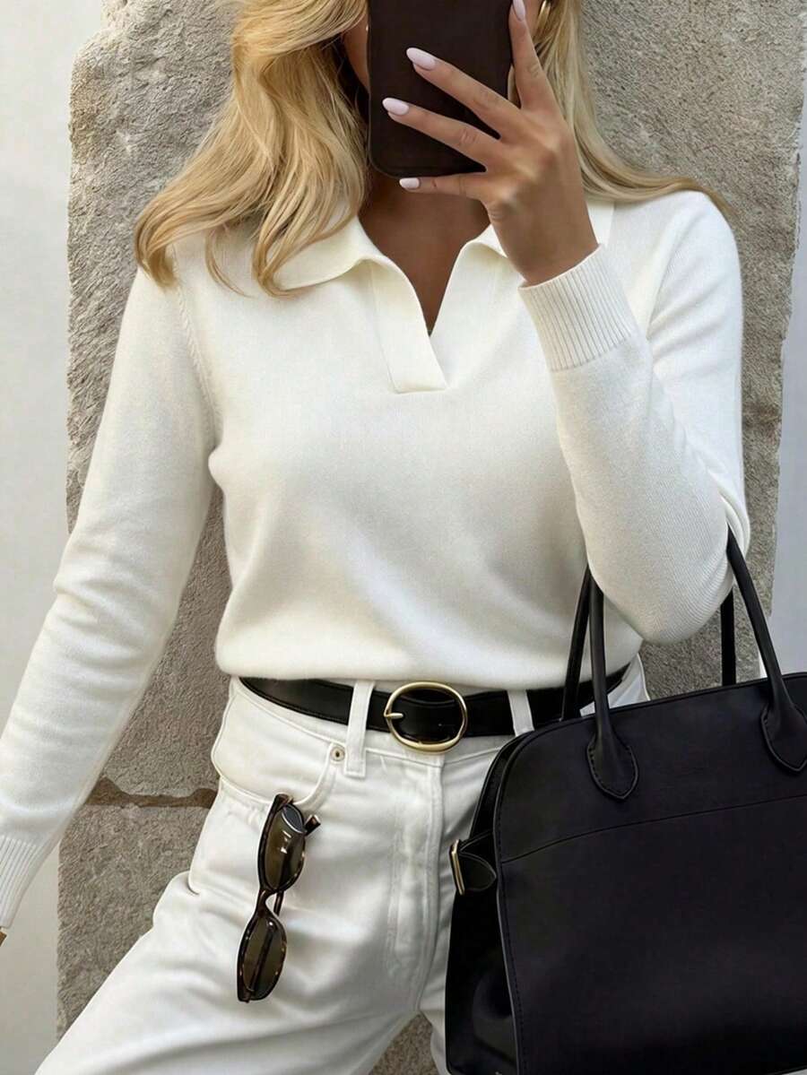 Just Masa Women's Fall Casual POLO Collar Simple Basic Sweater Pullover,Long Sleeve Solid Color Rib-Knit White Top,For Going Out,Office,Daily Wear - White - View 1