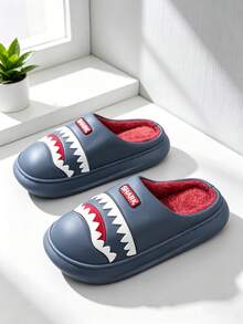 Winter Men's Cartoon Shark Head Slippers, Plush Lining, Thick Sole Lightweight Warm, Fun Home Bedroom Dorm Slippers - Navy Blue - View 3
