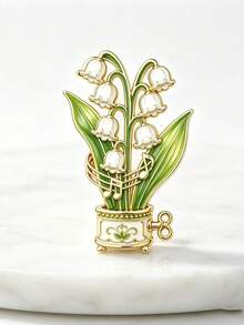 Lily Of The Valley Music Box Shaped Asymmetrical Brooch With Musical Note And Green Leaf Potted Plant Pattern, Fresh Artistic Decorative Accessory For Coat, Scarf And Canvas Bag - A - View 11