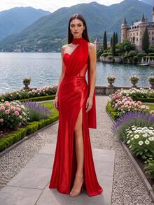Elegant Red Satin Mermaid Evening Gown, Asymmetrical Neckline Backless Design, Suitable For Prom And Formal Events - Red - View 6