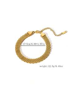 1pc 18K Gold Plated Stainless Steel Chain Metal Bracelet, Creative Woven Fashion Cuban Link Bracelet For Women - Multicolor - View 5