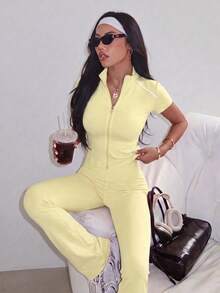 A Complete Set, Balancing Minimalist Elegance And Understated Luxury, Suitable For Office Commute, Pilates Fitness, Dance Shaping And Outdoor Jogging And Other Various Scenarios, Easily Switch Daily Looks, Elegant And Fashionable, Combining Functionality And Style, Women's Zipper Jacket Paired With Flare Pants, 2 Pieces Women's Set - Yellow - View 3