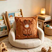 Highland Cow Plush Pillow Cover, Cute Cartoon Animal Applique Cushion Cover 18*18 Inch, Soft Furry Decorative Throw Pillowcase, No Insert - Brown - View 6