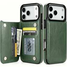 復古啞光奢華手機殼，適用於 iPhone Air、17、16e、16、15、14、13、12、11 Pro Max、16 Plus、15 Plus、14 Plus、7、8 Plus。具備多功能翻蓋設計，雙磁吸扣、內置支架與多個信用卡卡槽，高品質 PU 皮革材質，細膩紋理，耐磨防刮 - 墨綠色 - 查看 9