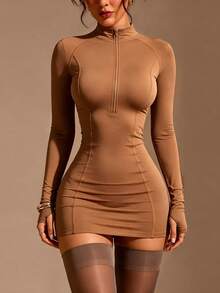 XLLAIS Women's Sexy Fitted Zipper Elastic Mini Skirt, Vacation Party Nightgown - Brown - View 1