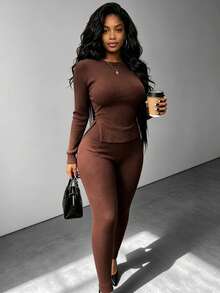 RNU Setelan 2 Potong Wanita Kasual Musim Gugur/Dingin, Bahan Bertekstur Ribbed, Atasan Rajut Lengan Panjang Slim Fit dengan Leher Bulat Kecil - Coffee Brown - View 1