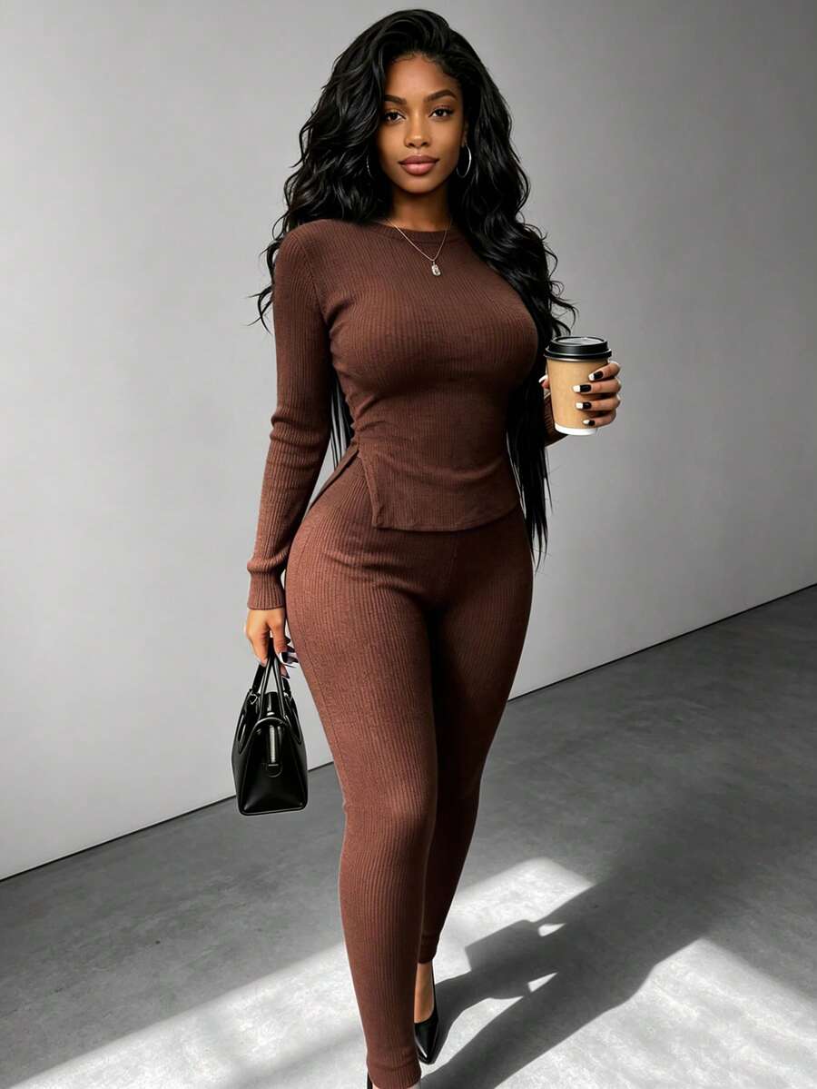 RNU Setelan 2 Potong Wanita Kasual Musim Gugur/Dingin, Bahan Bertekstur Ribbed, Atasan Rajut Lengan Panjang Slim Fit dengan Leher Bulat Kecil - Coffee Brown - View 1