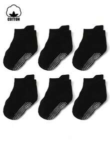 6 Pairs Kids Cotton Anti-Slip Ankle Socks, Toddler Solid Color Dot Grip Floor Socks - Black - View 4
