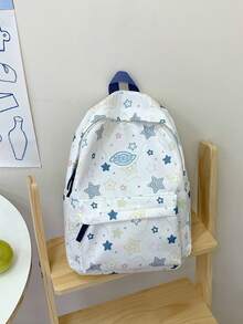 Colorful Star Print Backpack + Large Capacity Lightweight + Teen School Daily + White Cute Preppy Aesthetic Backpack - Multicolor - View 1