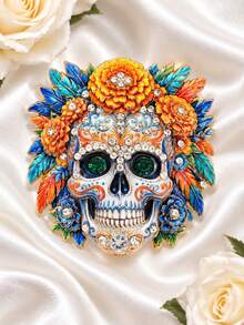 1pc Floral Sugar Skull Day Of The Dead Bag Charm, Vintage Gothic Brooch Pin, Unisex Autumn Halloween Party Costume Backpack Accessory - Multicolor - View 2
