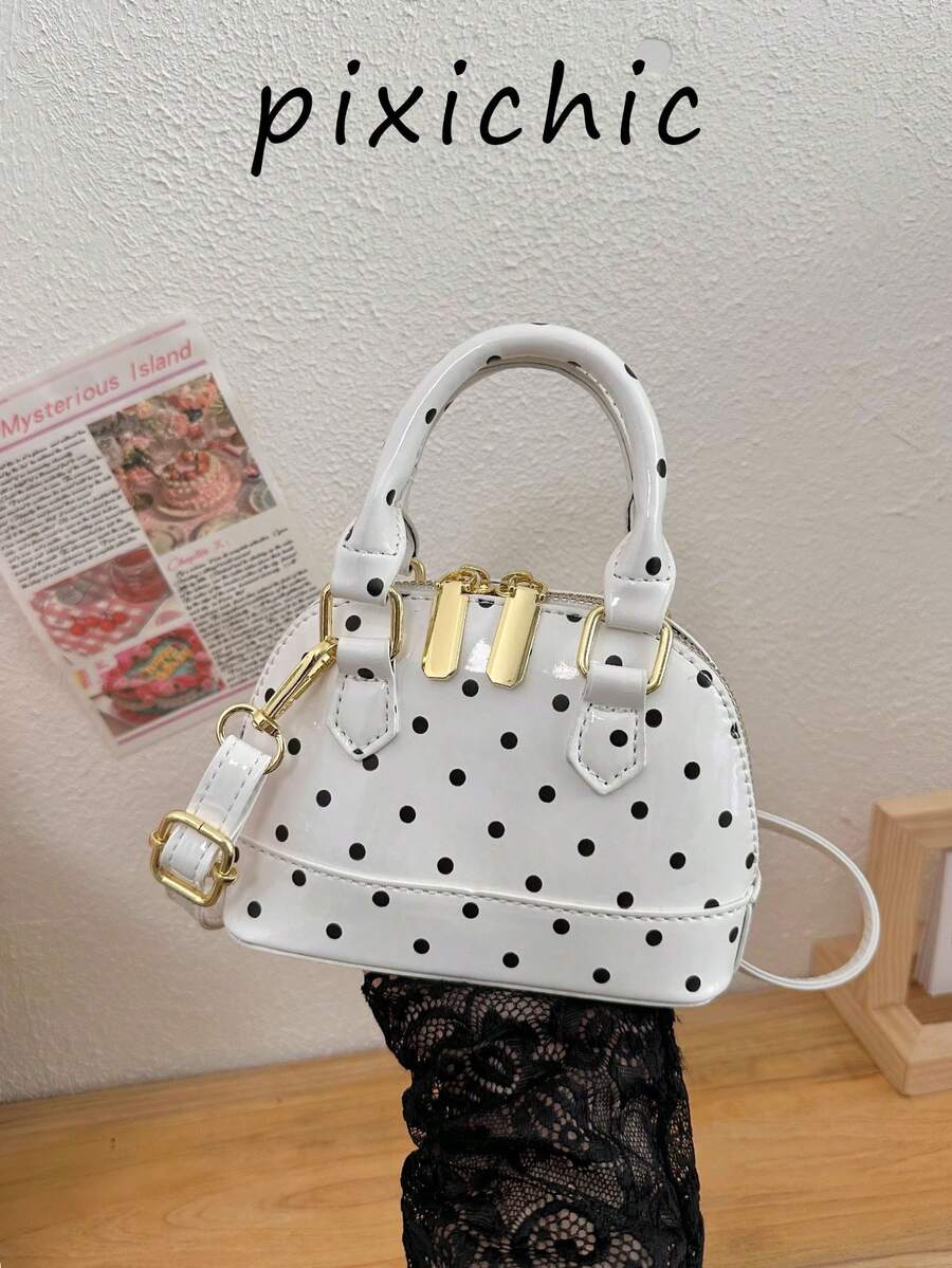 Handbag, Semi-Circular Body With Polka Dot Decoration, Matching Color Handle, Adjustable Long Shoulder Strap, Can Be Carried By Hand Or Worn Crossbody. Moderate Interior Space, Zipper Closure, Compact And Cute Design, Suitable For Daily Use. - White - View 1