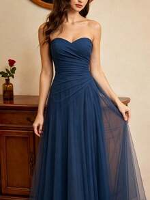 Vestido largo elegante sin tirantes para fiestas y eventos - Azul Marino - Ver 3