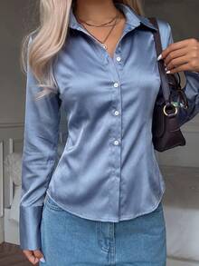 SCARLUX Fall Winter Women Y2K Satin Turn-Down Collar Shirt, Fitted Long Sleeve Top, Light Blue For Street Commute Party & Back To School - Blue - View 9