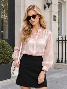 SwallowLucky Plus Size Women's Semi-Sheer Shiny Blouse, Stand Collar Button Front Long Puff Sleeve Shirt, Elegant Top For Spring Autumn Daily Commute - Baby Pink - View 3