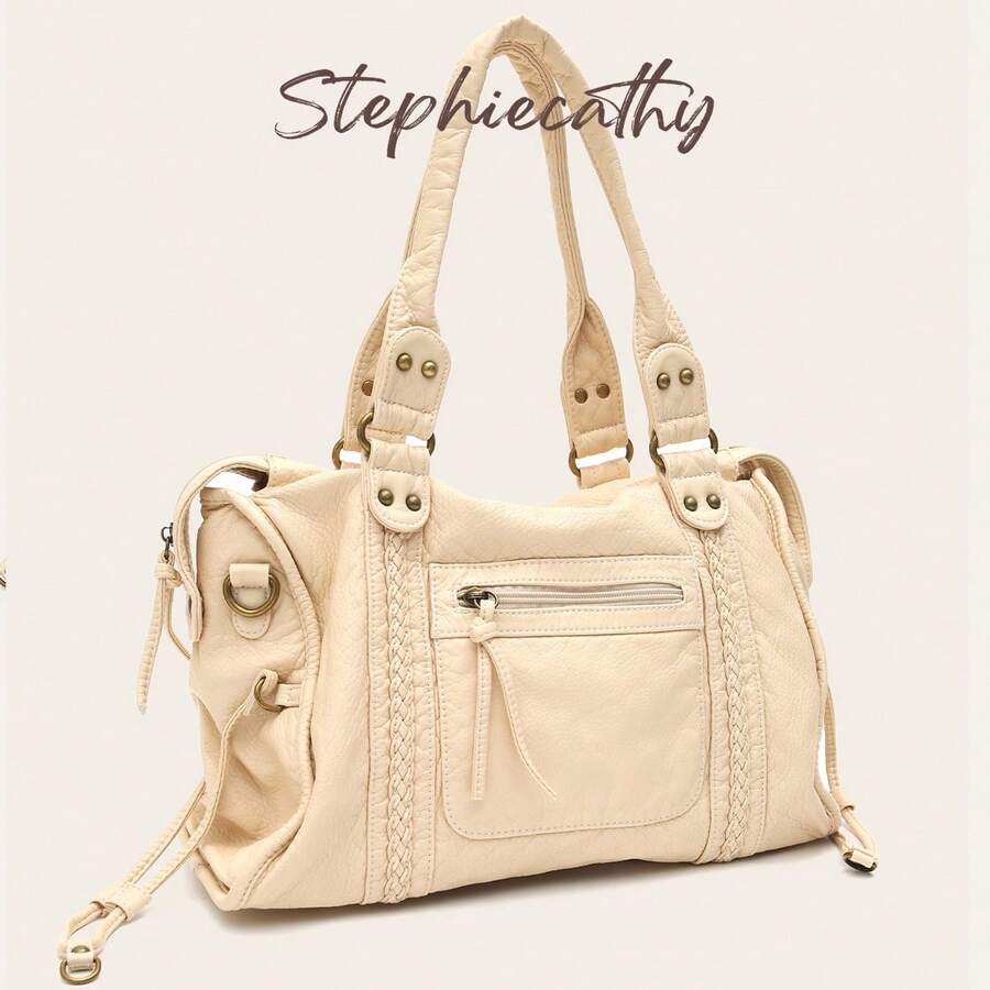 STEPHIECATHY Women's Fashion Casual Street Style Soft Washed PU Leather Tote Bag, Zipper Closure, Woven Decor, Large Capacity, Adjustable Shoulder Strap - Beige - View 1