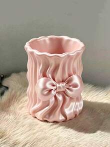 1pc Ins Style Bow Satin Makeup Brush Holder, Girly Desktop Makeup Storage Bucket - Multicolor - View 7