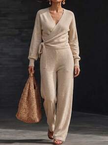 Women's Solid Color Drop Shoulder Long Sleeve Wrap Knit Cardigan & Knit Wide Leg Pants Set, Casual Autumn/Winter Loungewear, Front Tie Design - Khaki - View 7