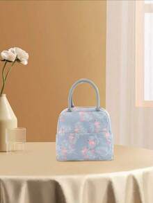 1pc Crane Pattern Portable Lunch Bag, Reusable, Leak-Proof, Cute Design, Stain-Resistant, Side Water Bottle Pocket, Insulated, Large Capacity Tote Bag, Suitable For Travel, Work, Picnic, Beach And Other Occasions. - Baby Blue - View 3