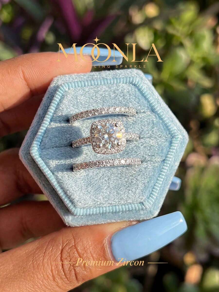 1pc Sparkling Zirconia Ring Set, Women's Engagement Wedding Party Daily Wear Anniversary Jewelry Gift - Micro-pave Square Diamond Ring - View 1
