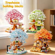Multi-Color Cherry Blossom Treehouse Series, ABS Material, Building Block Toy Set. Includes: Pink Cherry Blossom Tree, Green Treehouse, Orange Treehouse, Blue Treehouse. Novel Color Combinations, Unique Design. Atmospheric Multi-Scene Decor. Halloween, Christmas, Carnival Party Gift. - Multicolor - View 2