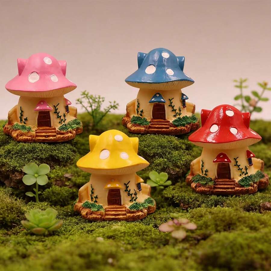 4pcs Fairy Garden Mushroom House Figurines, Resin Material Decorative Crafts, 4 Colors Set, Suitable For Moss, Potted Plants, Desktop Decor, Or Paired With Garden Potted Plants - Mushroom House - View 1