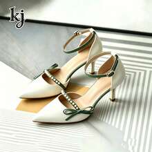 1 Pair Fashionable High Heels With Faux Pearl Bow And Ankle Strap, Suitable For Ball, Wedding, Party, Date And Other Occasions - Green - View 12