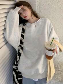 Women's Minimalist Floral Gray Loose Casual Comfortable Home Daily Commute Versatile Crew Neck Long Sleeve Sweatshirt - Light Grey - View 3